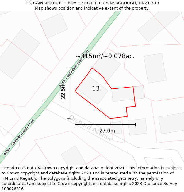 13, GAINSBOROUGH ROAD, SCOTTER, GAINSBOROUGH, DN21 3UB: Plot and title map