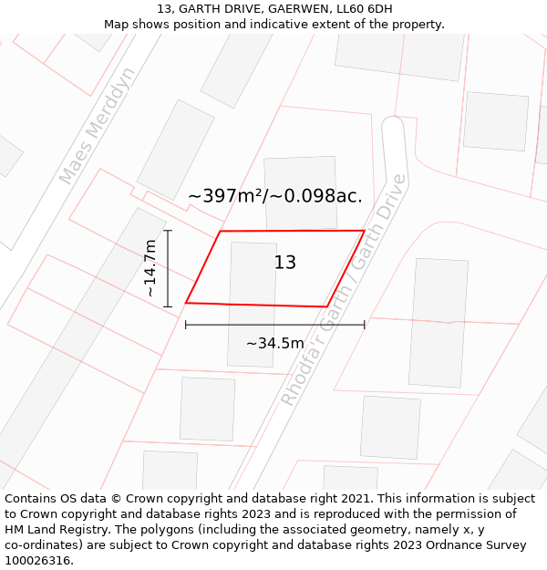 13, GARTH DRIVE, GAERWEN, LL60 6DH: Plot and title map