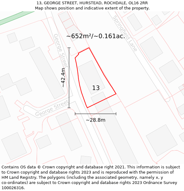 13, GEORGE STREET, HURSTEAD, ROCHDALE, OL16 2RR: Plot and title map