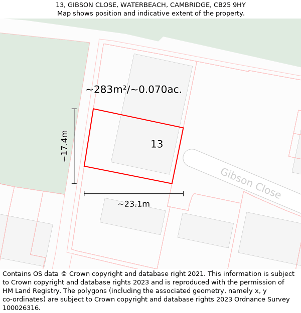 13, GIBSON CLOSE, WATERBEACH, CAMBRIDGE, CB25 9HY: Plot and title map