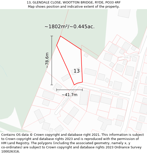 13, GLENDALE CLOSE, WOOTTON BRIDGE, RYDE, PO33 4RF: Plot and title map