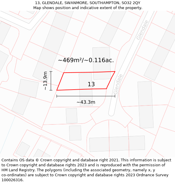 13, GLENDALE, SWANMORE, SOUTHAMPTON, SO32 2QY: Plot and title map