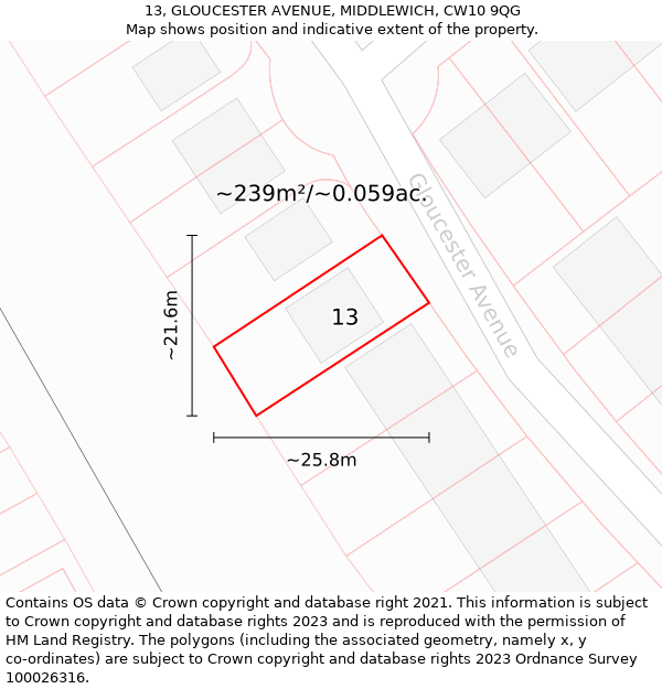 13, GLOUCESTER AVENUE, MIDDLEWICH, CW10 9QG: Plot and title map