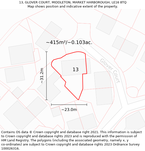 13, GLOVER COURT, MIDDLETON, MARKET HARBOROUGH, LE16 8TQ: Plot and title map