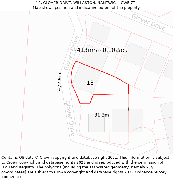 13, GLOVER DRIVE, WILLASTON, NANTWICH, CW5 7TL: Plot and title map