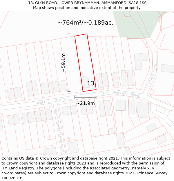 13, GLYN ROAD, LOWER BRYNAMMAN, AMMANFORD, SA18 1SS: Plot and title map