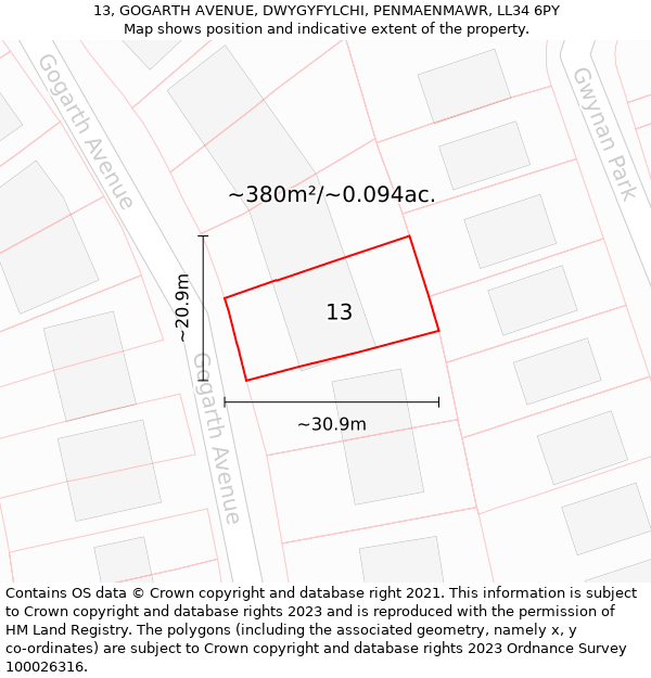 13, GOGARTH AVENUE, DWYGYFYLCHI, PENMAENMAWR, LL34 6PY: Plot and title map