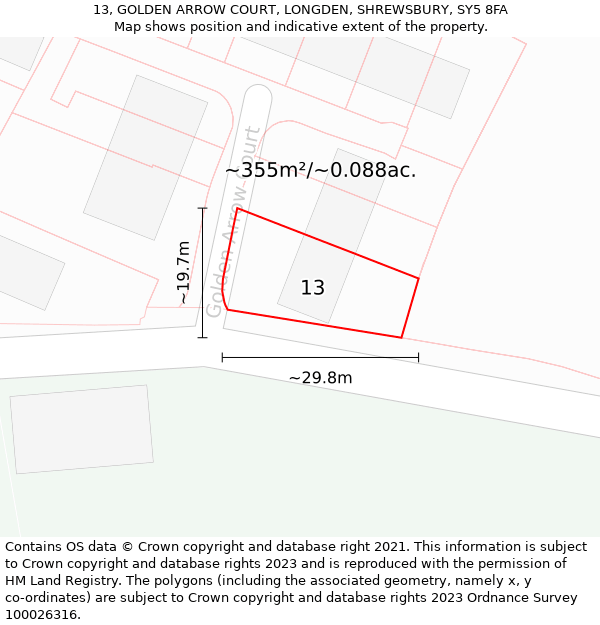 13, GOLDEN ARROW COURT, LONGDEN, SHREWSBURY, SY5 8FA: Plot and title map