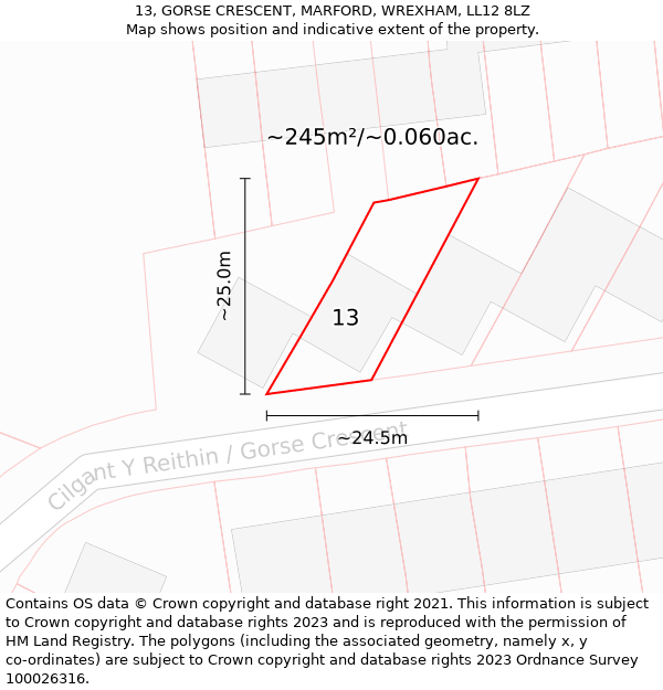 13, GORSE CRESCENT, MARFORD, WREXHAM, LL12 8LZ: Plot and title map