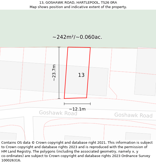 13, GOSHAWK ROAD, HARTLEPOOL, TS26 0RA: Plot and title map