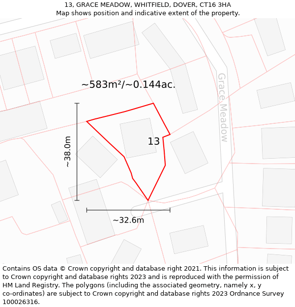 13, GRACE MEADOW, WHITFIELD, DOVER, CT16 3HA: Plot and title map