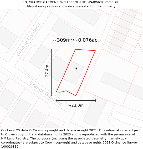 13, GRANGE GARDENS, WELLESBOURNE, WARWICK, CV35 9RL: Plot and title map