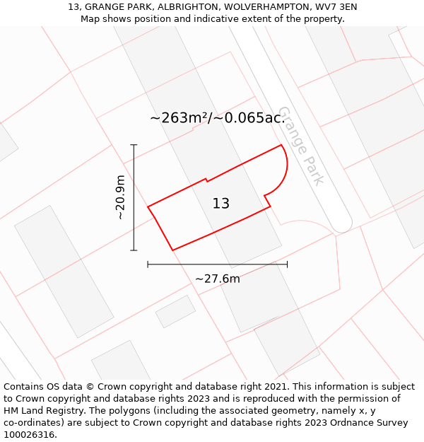 13, GRANGE PARK, ALBRIGHTON, WOLVERHAMPTON, WV7 3EN: Plot and title map