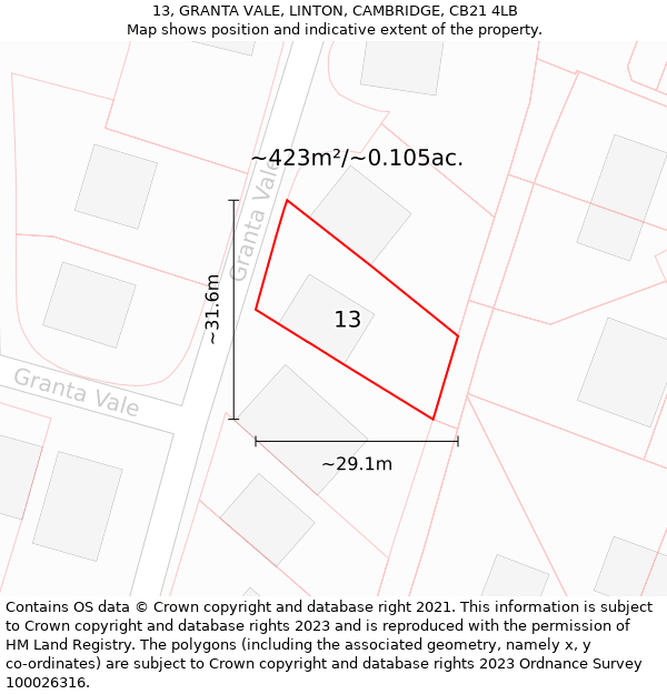 13, GRANTA VALE, LINTON, CAMBRIDGE, CB21 4LB: Plot and title map