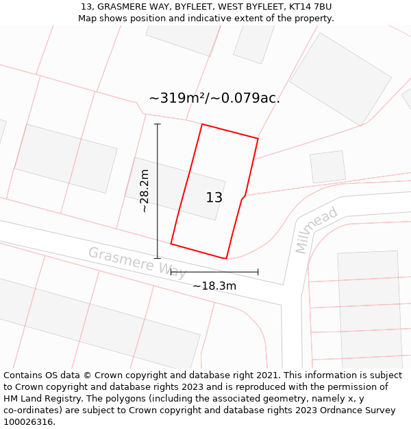 13, GRASMERE WAY, BYFLEET, WEST BYFLEET, KT14 7BU: Plot and title map