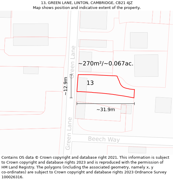 13, GREEN LANE, LINTON, CAMBRIDGE, CB21 4JZ: Plot and title map