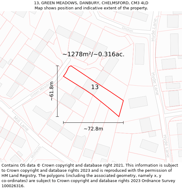 13, GREEN MEADOWS, DANBURY, CHELMSFORD, CM3 4LD: Plot and title map