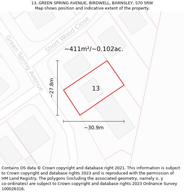 13, GREEN SPRING AVENUE, BIRDWELL, BARNSLEY, S70 5RW: Plot and title map