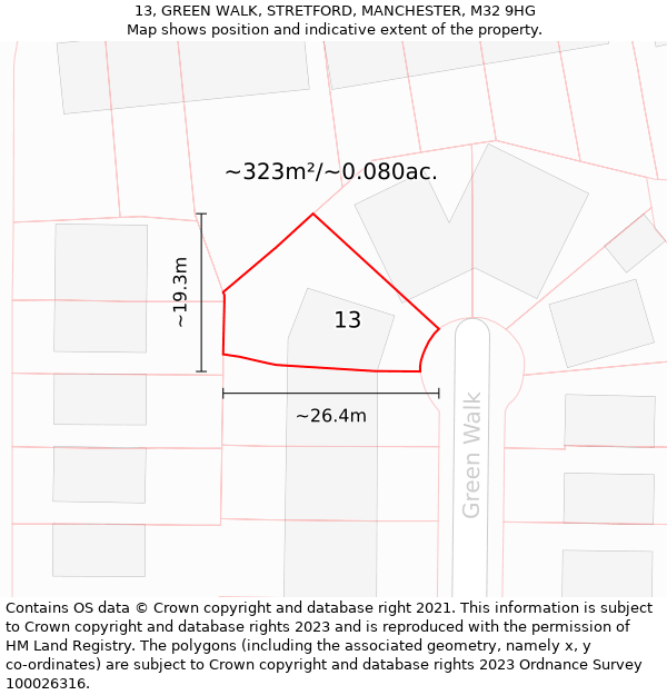 13, GREEN WALK, STRETFORD, MANCHESTER, M32 9HG: Plot and title map