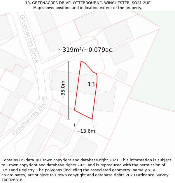 13, GREENACRES DRIVE, OTTERBOURNE, WINCHESTER, SO21 2HE: Plot and title map