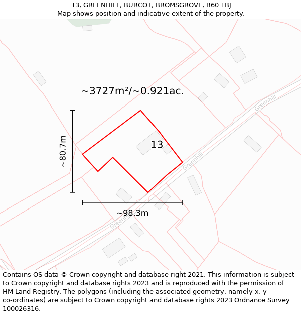 13, GREENHILL, BURCOT, BROMSGROVE, B60 1BJ: Plot and title map