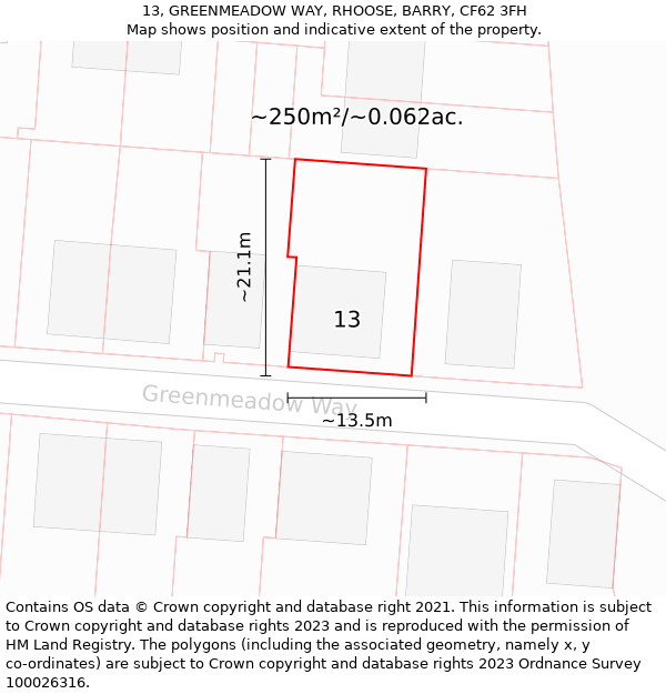 13, GREENMEADOW WAY, RHOOSE, BARRY, CF62 3FH: Plot and title map