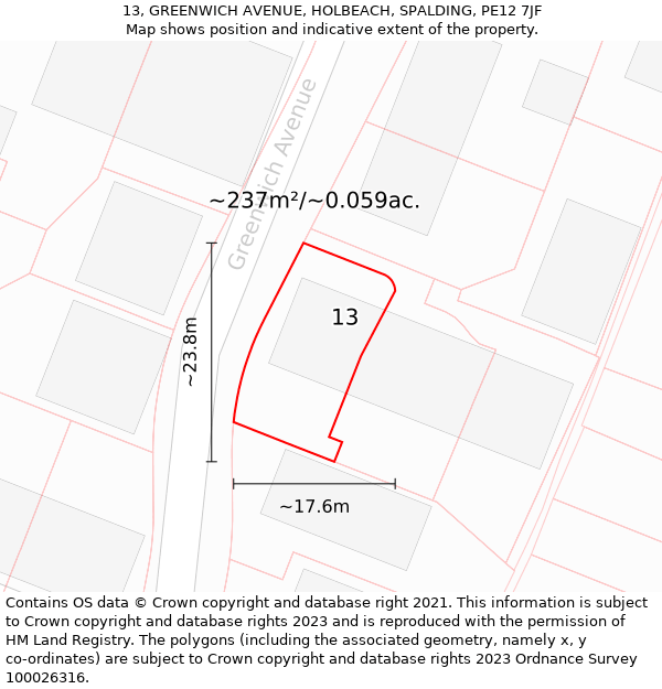 13, GREENWICH AVENUE, HOLBEACH, SPALDING, PE12 7JF: Plot and title map