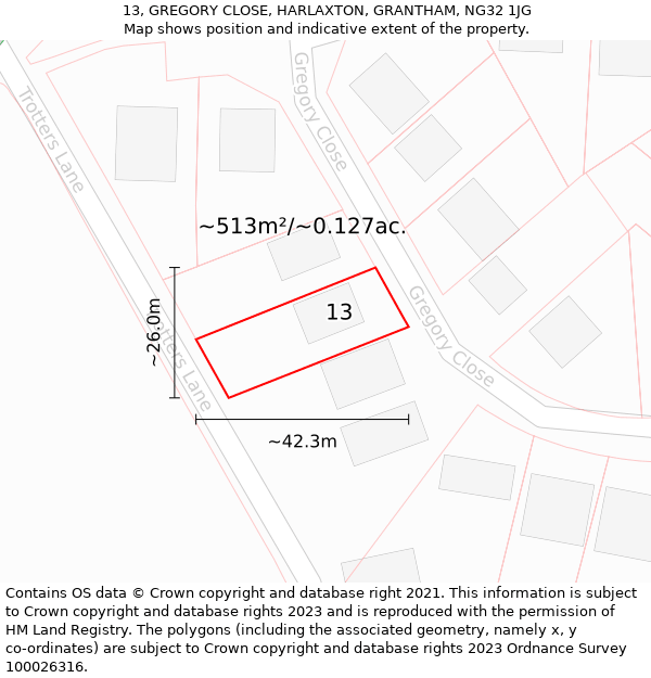 13, GREGORY CLOSE, HARLAXTON, GRANTHAM, NG32 1JG: Plot and title map