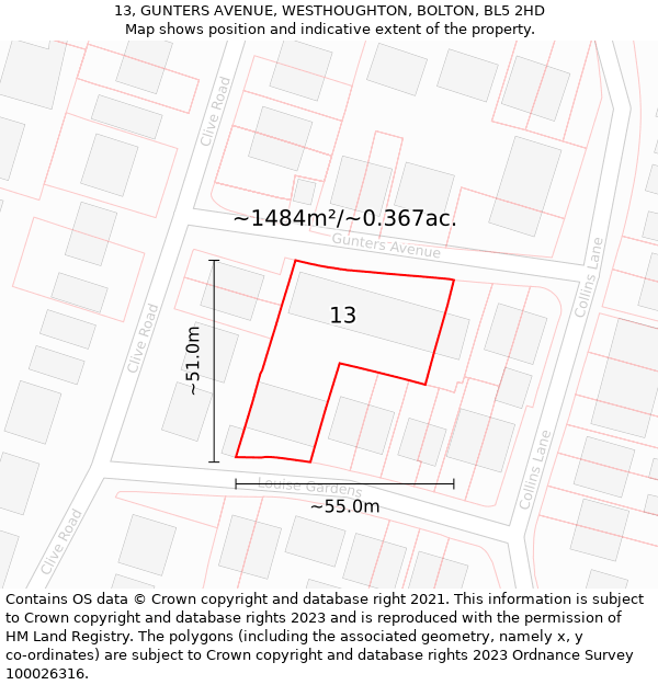 13, GUNTERS AVENUE, WESTHOUGHTON, BOLTON, BL5 2HD: Plot and title map