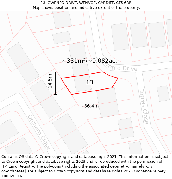 13, GWENFO DRIVE, WENVOE, CARDIFF, CF5 6BR: Plot and title map