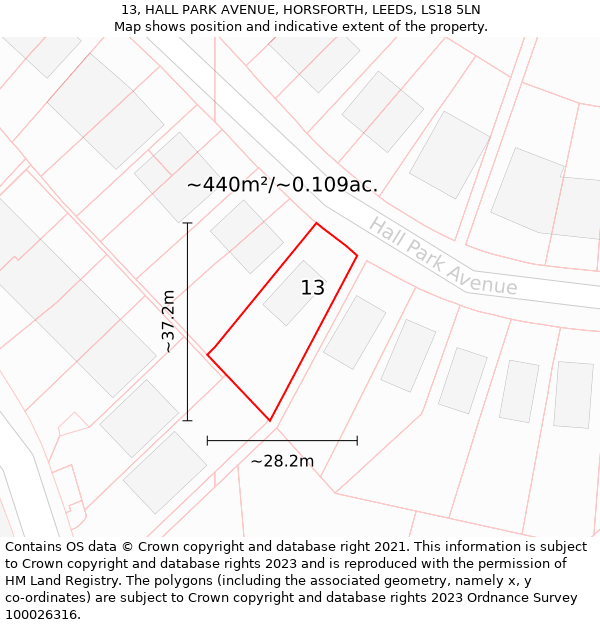 13, HALL PARK AVENUE, HORSFORTH, LEEDS, LS18 5LN: Plot and title map