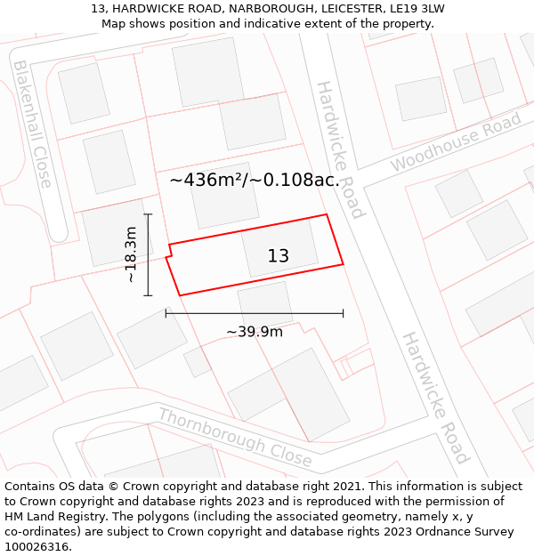 13, HARDWICKE ROAD, NARBOROUGH, LEICESTER, LE19 3LW: Plot and title map