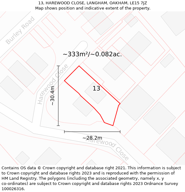 13, HAREWOOD CLOSE, LANGHAM, OAKHAM, LE15 7JZ: Plot and title map