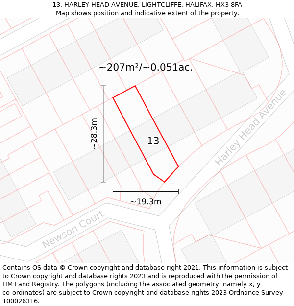 13, HARLEY HEAD AVENUE, LIGHTCLIFFE, HALIFAX, HX3 8FA: Plot and title map