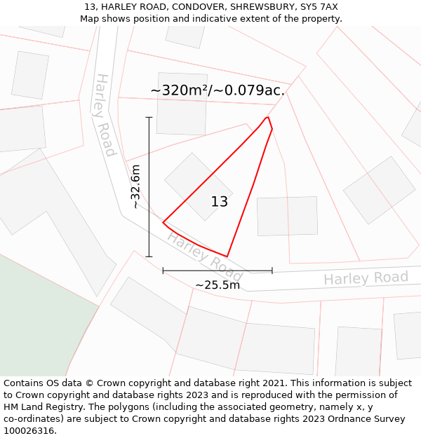 13, HARLEY ROAD, CONDOVER, SHREWSBURY, SY5 7AX: Plot and title map