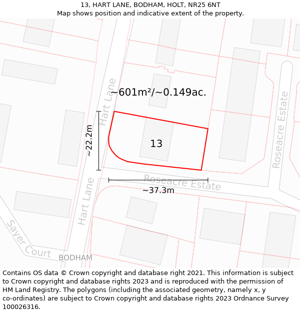 13, HART LANE, BODHAM, HOLT, NR25 6NT: Plot and title map