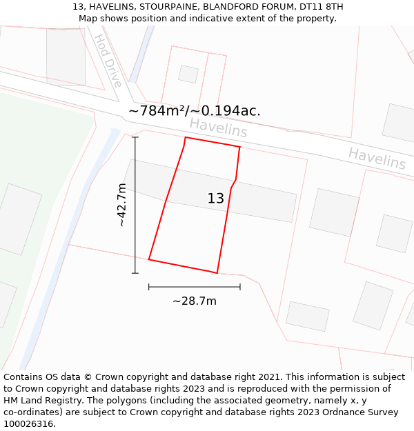 13, HAVELINS, STOURPAINE, BLANDFORD FORUM, DT11 8TH: Plot and title map