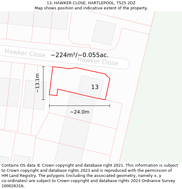 13, HAWKER CLOSE, HARTLEPOOL, TS25 2DZ: Plot and title map