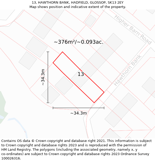 13, HAWTHORN BANK, HADFIELD, GLOSSOP, SK13 2EY: Plot and title map