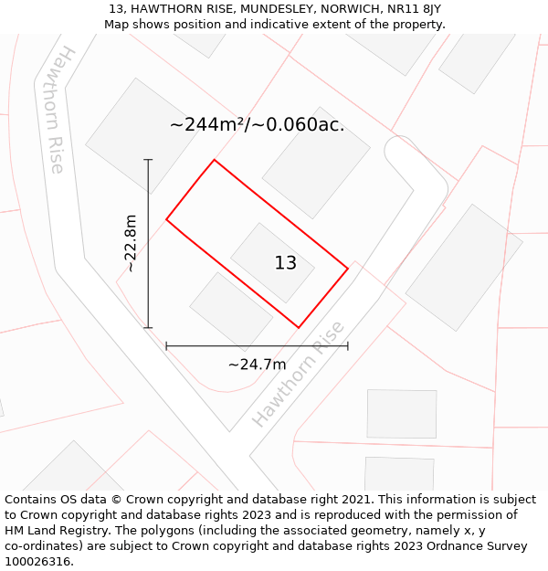 13, HAWTHORN RISE, MUNDESLEY, NORWICH, NR11 8JY: Plot and title map