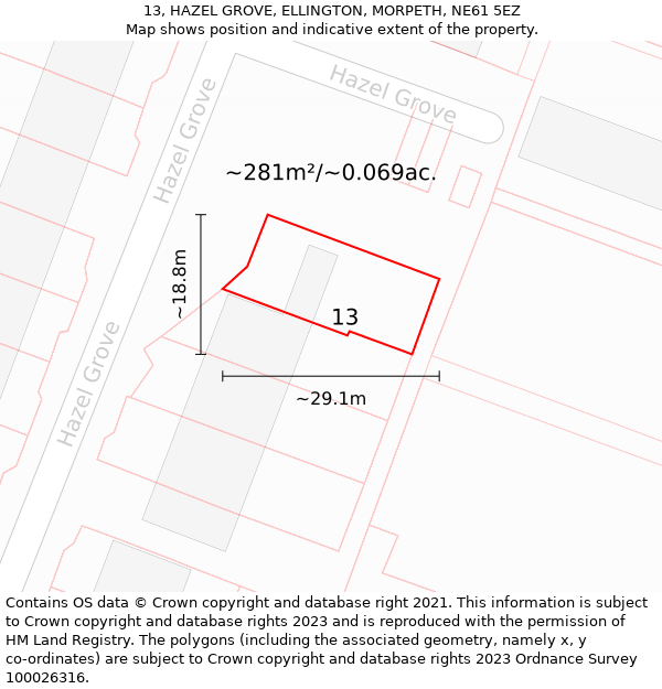 13, HAZEL GROVE, ELLINGTON, MORPETH, NE61 5EZ: Plot and title map