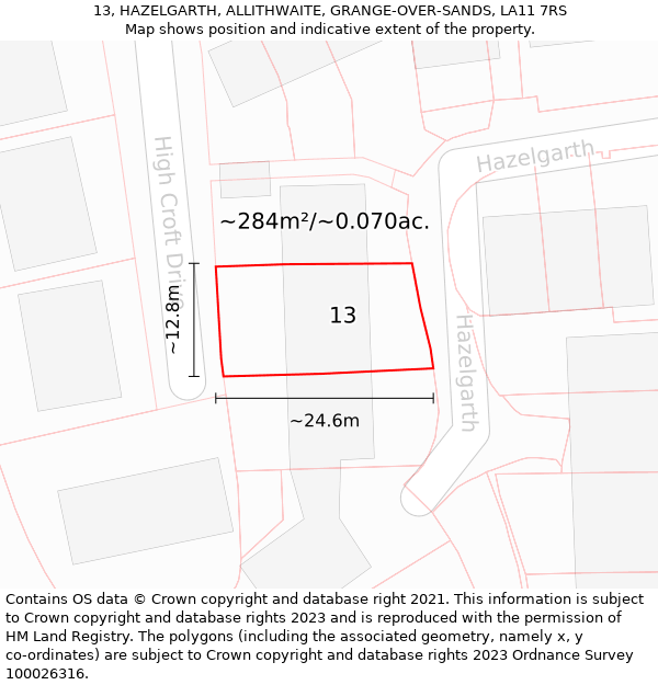 13, HAZELGARTH, ALLITHWAITE, GRANGE-OVER-SANDS, LA11 7RS: Plot and title map