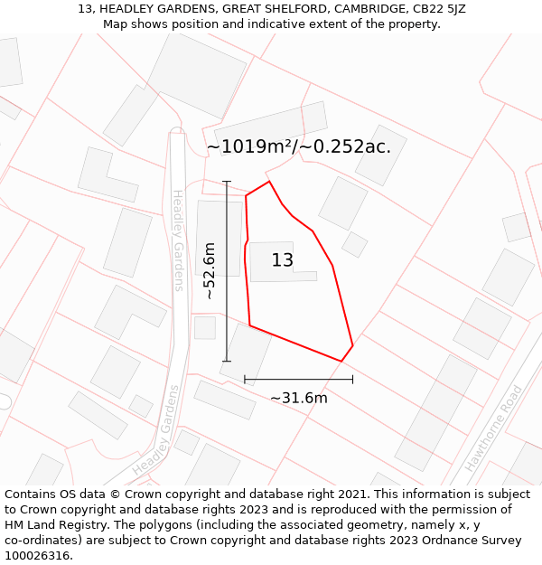 13, HEADLEY GARDENS, GREAT SHELFORD, CAMBRIDGE, CB22 5JZ: Plot and title map