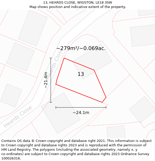 13, HEARDS CLOSE, WIGSTON, LE18 3SW: Plot and title map