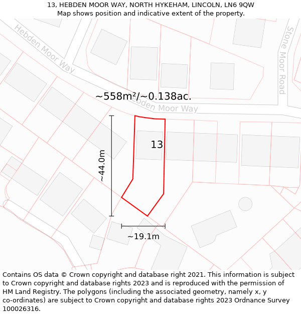 13, HEBDEN MOOR WAY, NORTH HYKEHAM, LINCOLN, LN6 9QW: Plot and title map