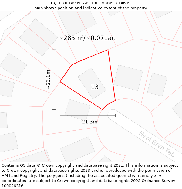 13, HEOL BRYN FAB, TREHARRIS, CF46 6JF: Plot and title map