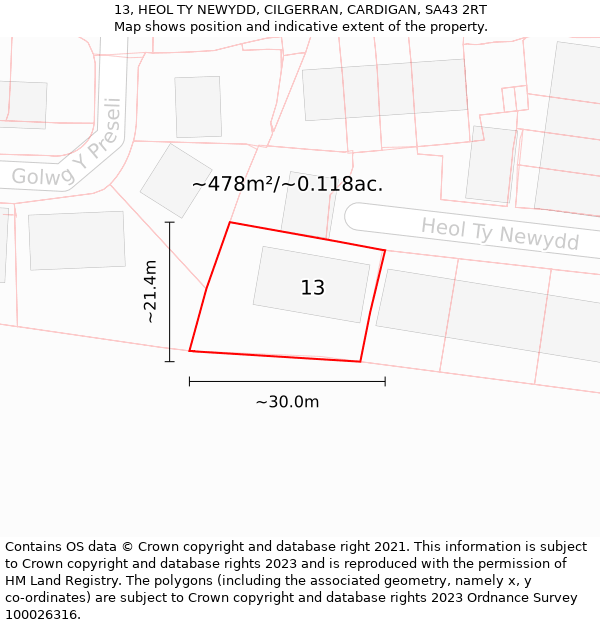 13, HEOL TY NEWYDD, CILGERRAN, CARDIGAN, SA43 2RT: Plot and title map