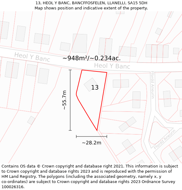 13, HEOL Y BANC, BANCFFOSFELEN, LLANELLI, SA15 5DH: Plot and title map