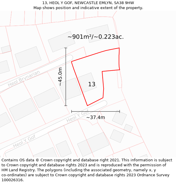 13, HEOL Y GOF, NEWCASTLE EMLYN, SA38 9HW: Plot and title map