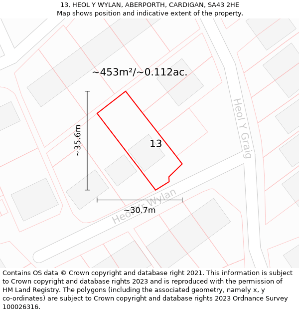 13, HEOL Y WYLAN, ABERPORTH, CARDIGAN, SA43 2HE: Plot and title map